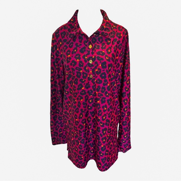 Jude Connally Vibrant Animal Print Tunic Top Sz XL Pink Navy Jude Cloth Leopard - Picture 1 of 9